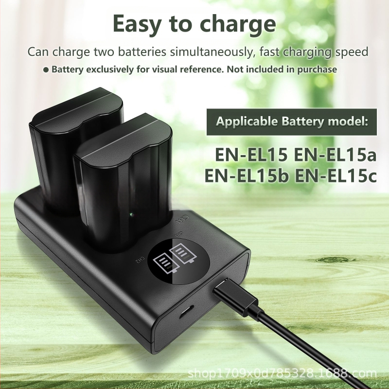 Двуканално зарядно за EN-EL15 батерия за Nikon D7000/D7100/D800/D800E/D610 с USB-C вход и LED индикатор