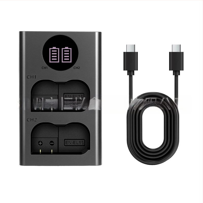 Двуканално зарядно за EN-EL15 батерия за Nikon D7000/D7100/D800/D800E/D610 с USB-C вход и LED индикатор