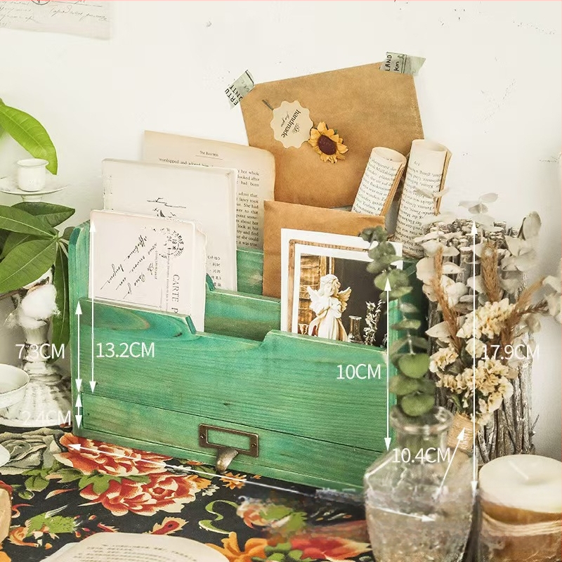 Drveni stolni organizator za kućanstvo, višeslojni organizator knjiga sa ladicom, prilagodljiv model 56405, broj artikla 505456, prirodno drvo, moguć ispis logotipa