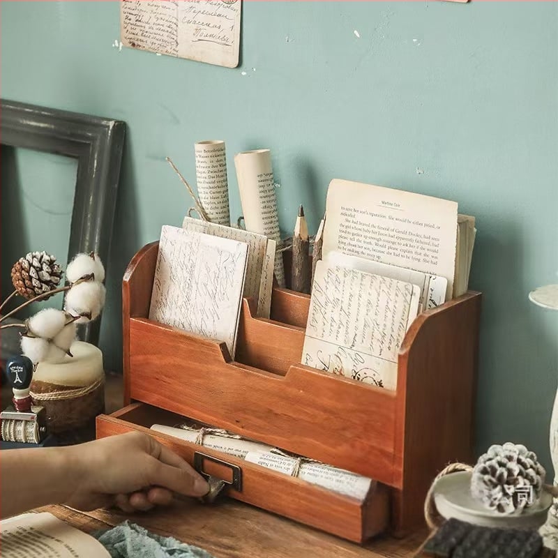 Drveni stolni organizator za kućanstvo, višeslojni organizator knjiga sa ladicom, prilagodljiv model 56405, broj artikla 505456, prirodno drvo, moguć ispis logotipa