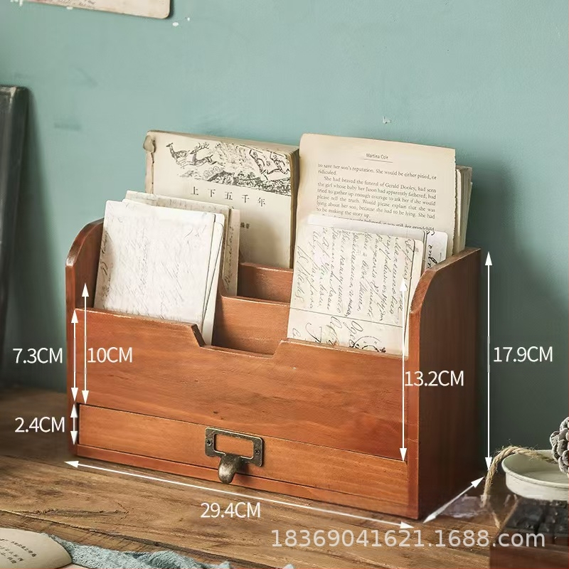 Drveni stolni organizator za kućanstvo, višeslojni organizator knjiga sa ladicom, prilagodljiv model 56405, broj artikla 505456, prirodno drvo, moguć ispis logotipa