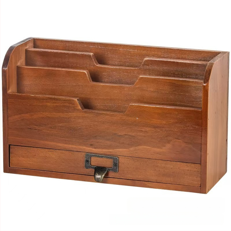 Drveni stolni organizator za kućanstvo, višeslojni organizator knjiga sa ladicom, prilagodljiv model 56405, broj artikla 505456, prirodno drvo, moguć ispis logotipa