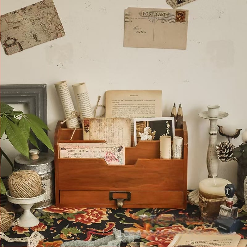 Drveni stolni organizator za kućanstvo, višeslojni organizator knjiga sa ladicom, prilagodljiv model 56405, broj artikla 505456, prirodno drvo, moguć ispis logotipa