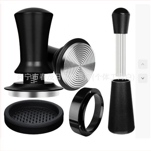 Set de accesorii pentru espresso italian din oțel inoxidabil 304, format din 4 piese: tampare cu scară, ac de distribuție a pulberii, inel magnetic de colectare a pulberii