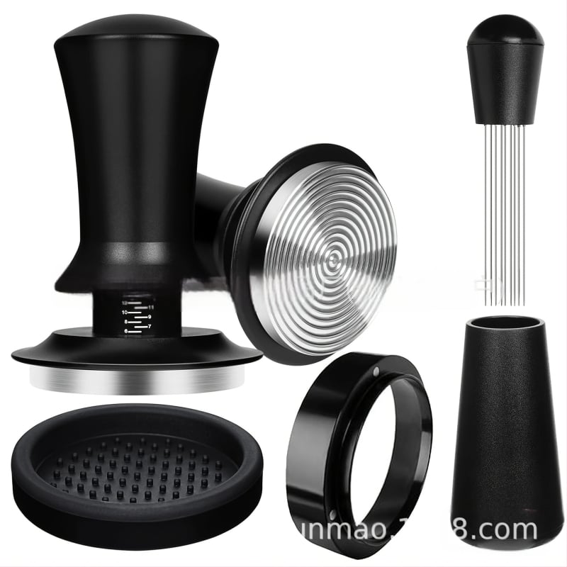 Set de accesorii pentru espresso italian din oțel inoxidabil 304, format din 4 piese: tampare cu scară, ac de distribuție a pulberii, inel magnetic de colectare a pulberii