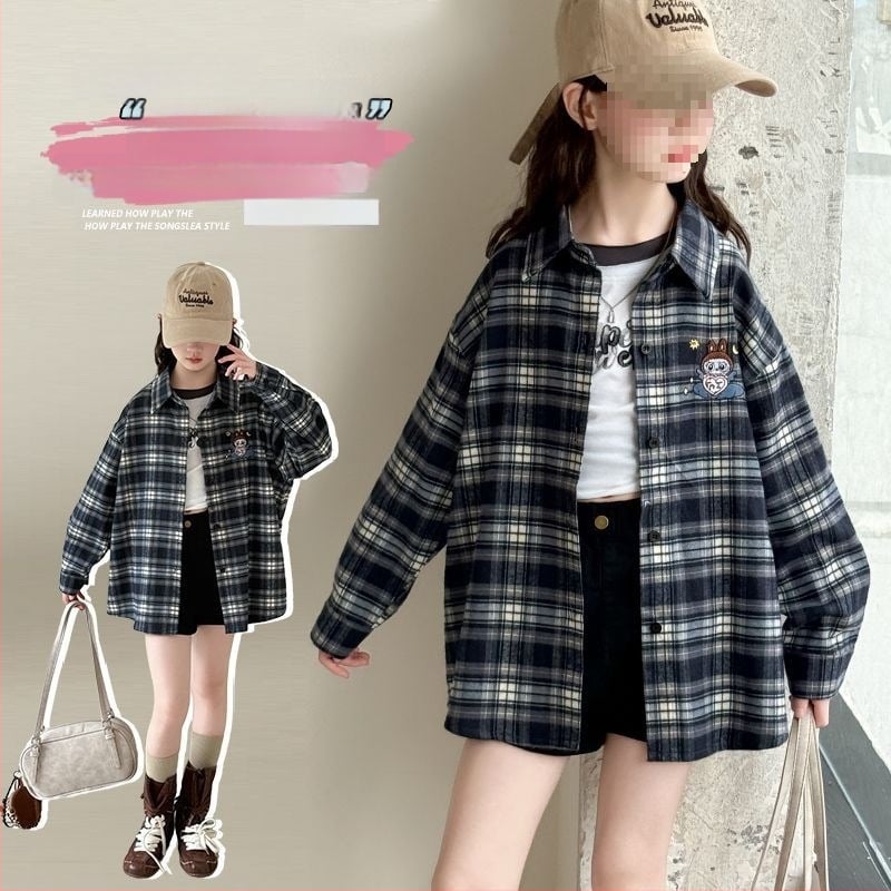 Cămașă pentru fete cu mânecă lungă, model carouri, țesătură din blană de iepure 80–90%, primăvara 2024