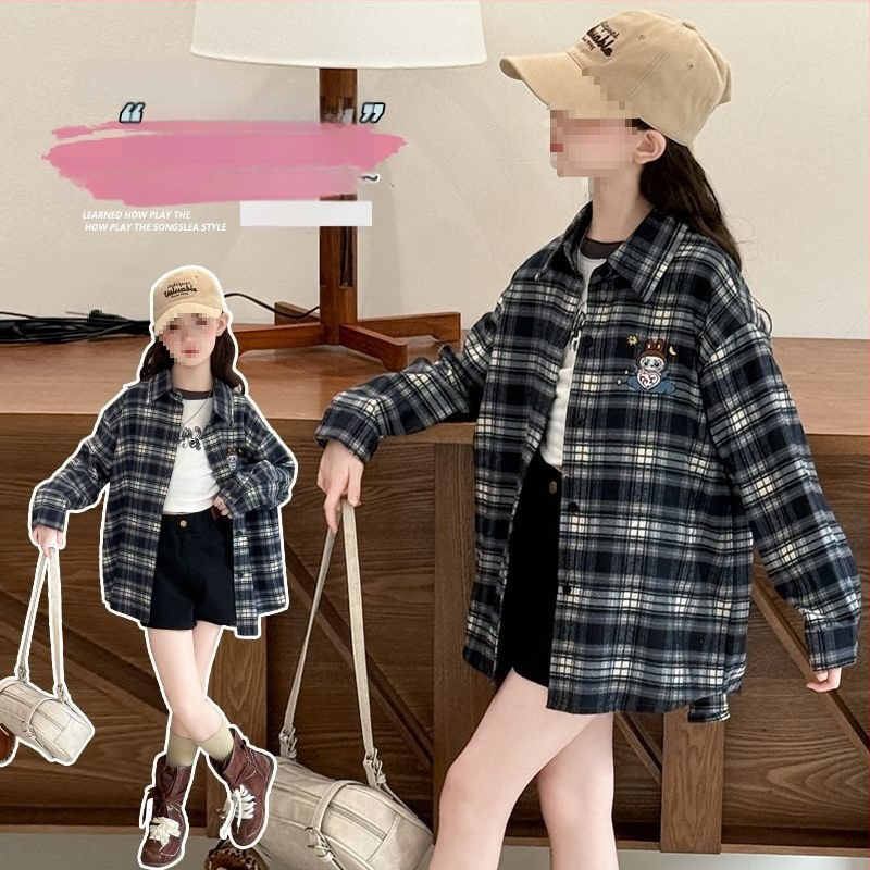 Cămașă pentru fete cu mânecă lungă, model carouri, țesătură din blană de iepure 80–90%, primăvara 2024