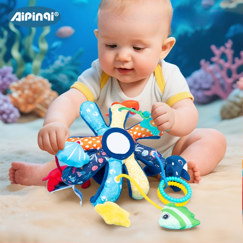 Aipinqi χνουδωτό χταπόδι: κρεμάστρα καροτσιού και παιχνίδι τράβηγματος – 25765A, συσκευασία σε σακούλα