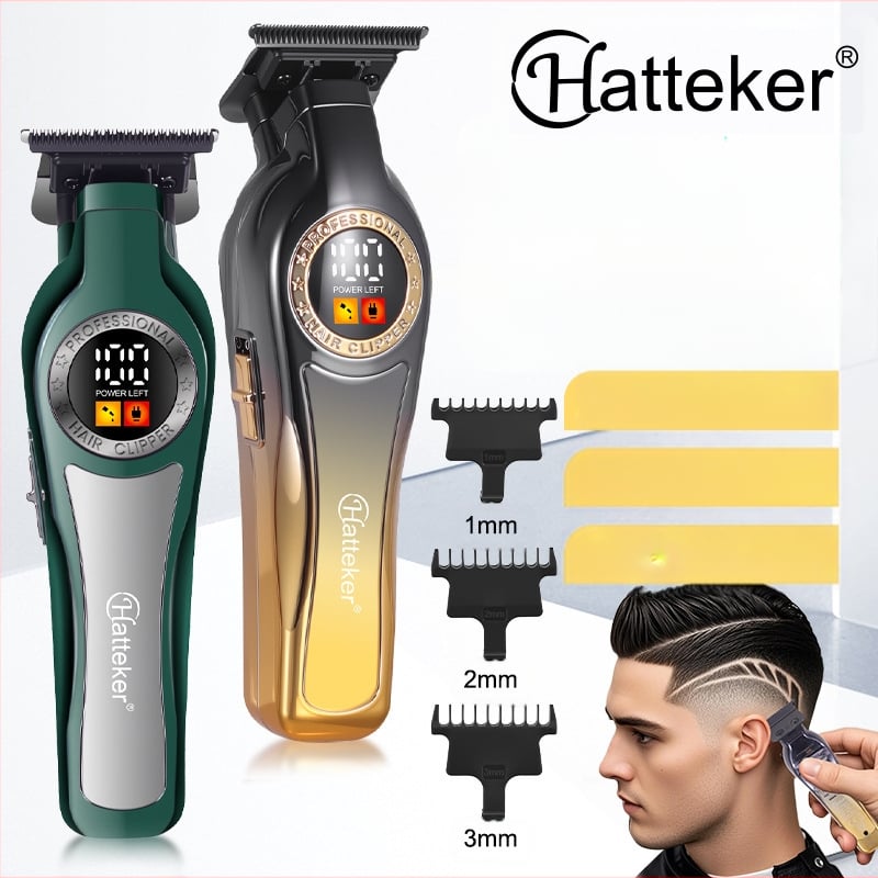 Тример за коса с цифров дисплей, вградена батерия 1000–1200 mAh, подвижна и миеща се глава на ножа, неръждаеми стоманени ножчета, четков мотор