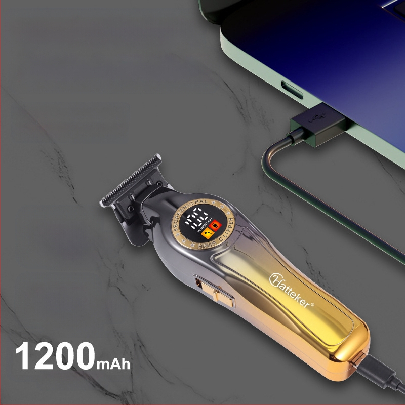 Тример за коса с цифров дисплей, вградена батерия 1000–1200 mAh, подвижна и миеща се глава на ножа, неръждаеми стоманени ножчета, четков мотор