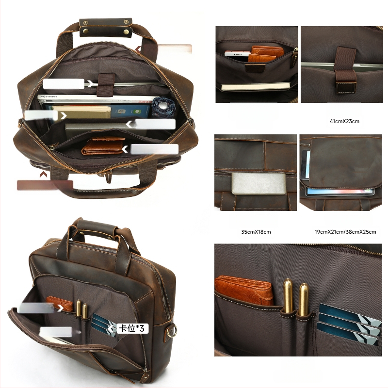 Valódi bőrből készült üzleti aktatáska, modell 5117, felső réteg borjúbőr (Top Grain), poliészter-pamut bélés, stílus: üzleti utazás (Model 5117; Top Grain; Polyester-Cotton Lining)