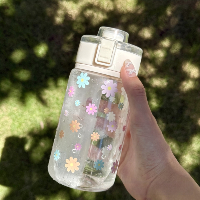 Plastični tumbler za vodu s poklopcem protiv propuštanja, cvjetni uzorak, PC materijal, korejski stil s trakom za nošenje