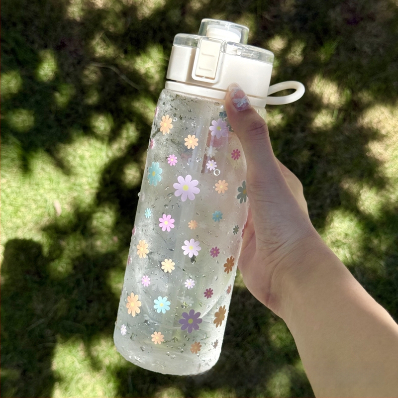 Plastični tumbler za vodu s poklopcem protiv propuštanja, cvjetni uzorak, PC materijal, korejski stil s trakom za nošenje