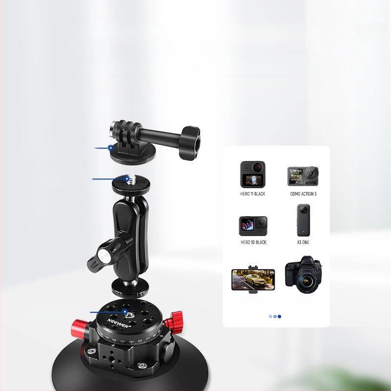 Neewer Cap de Gimbal cu Ventuză din Aluminiu pentru Cameră/Telefon/GoPro — Aspirație Puternică, Montură Auto Stabilă