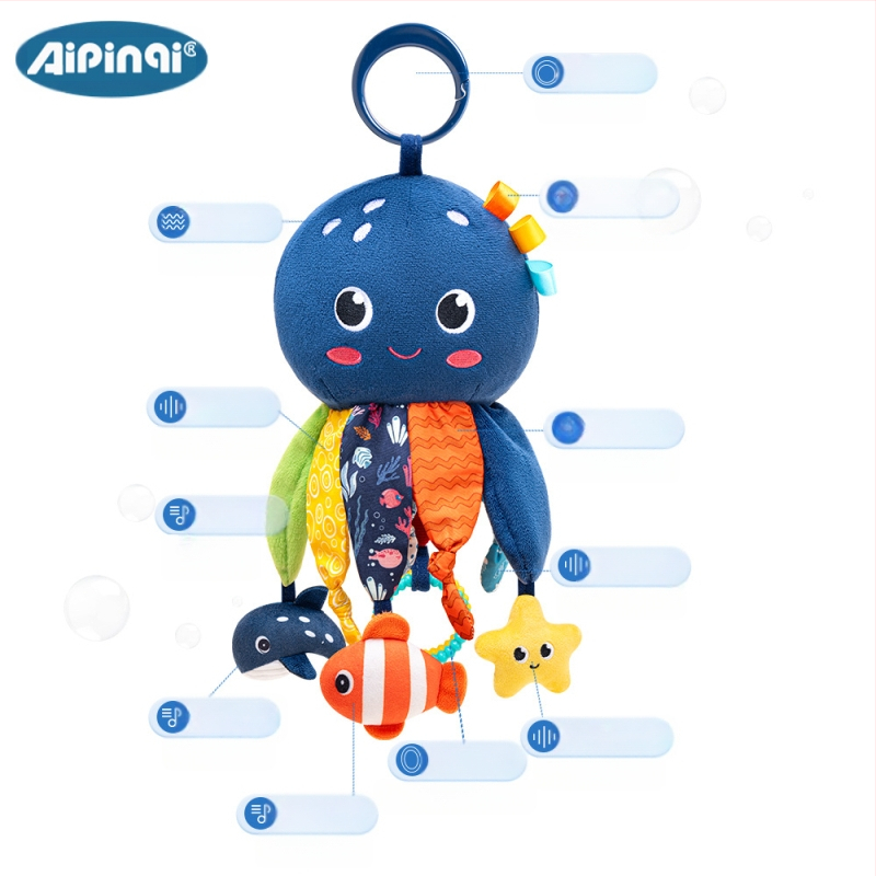 Aipinqi Jucărie de pluș pentru bebeluși – Agățător auto multifuncțional, Design caracatiță marină, Dinți pentru dentiție și hârtie crinkle, Cârlig de atașare