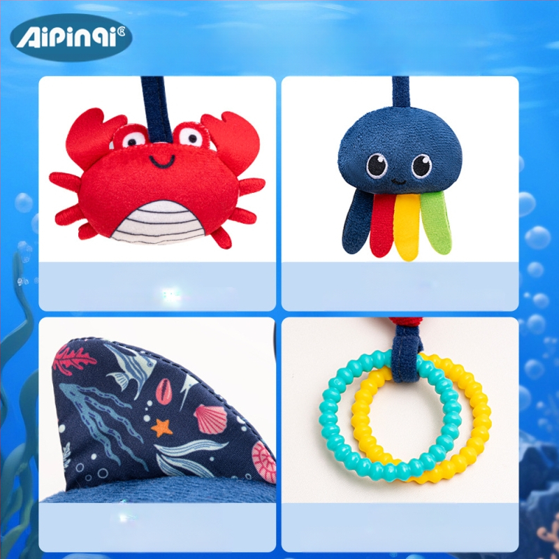 Aipinqi Jucărie de pluș pentru bebeluși – Agățător auto multifuncțional, Design caracatiță marină, Dinți pentru dentiție și hârtie crinkle, Cârlig de atașare