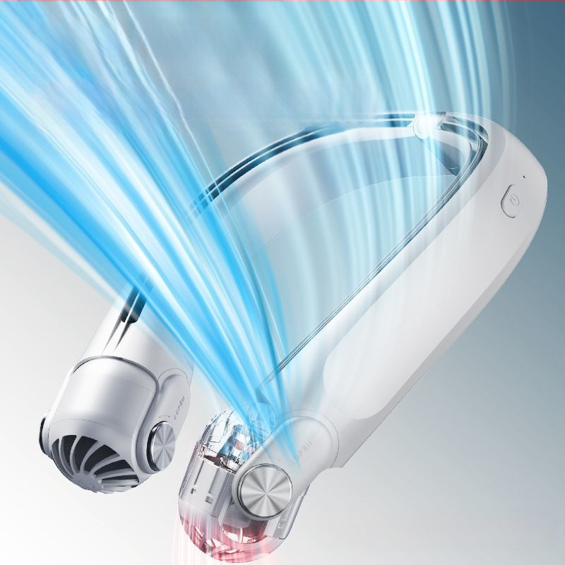 Pārvietojams kakla ventilators, salokāms, USB uzlāde, noņemama baterija 300–500 mAh, 3 ātrumi, bezvadu uzlāde