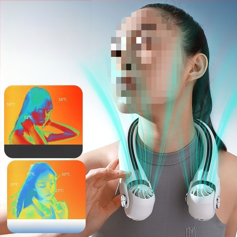 Pārvietojams kakla ventilators, salokāms, USB uzlāde, noņemama baterija 300–500 mAh, 3 ātrumi, bezvadu uzlāde