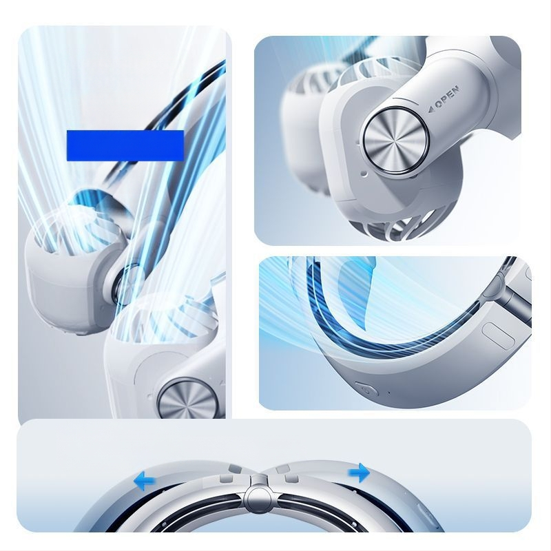 Pārvietojams kakla ventilators, salokāms, USB uzlāde, noņemama baterija 300–500 mAh, 3 ātrumi, bezvadu uzlāde