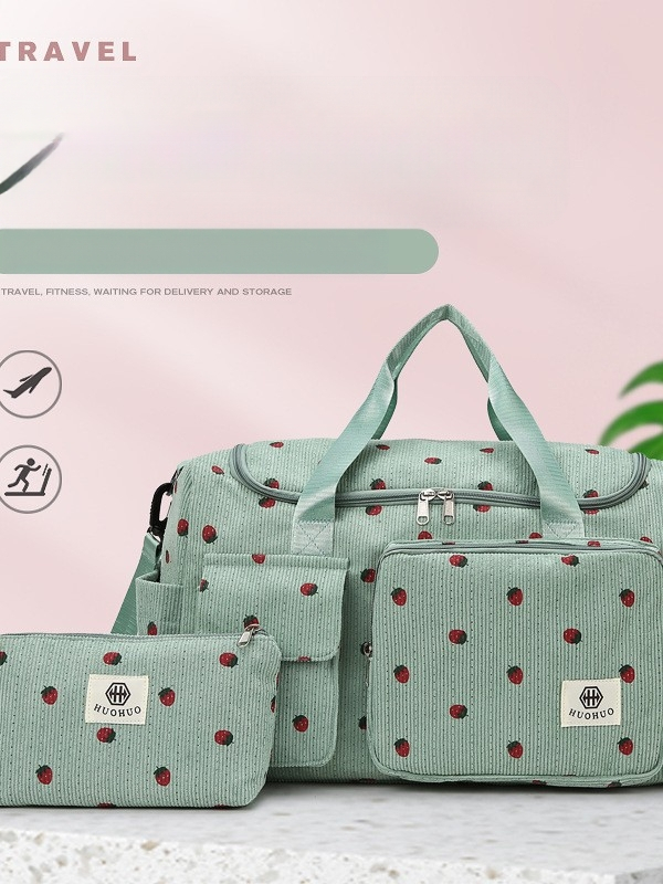 Crossbody ceļojumu soma ar lielu ietilpību, zemeņu raksts, Corduroy audums, oderējums no poliester, universāla, rudens 2025