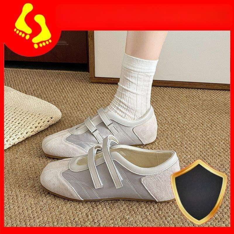 Sieviešu baleta stila sporta apavi ar nubuku augšdaļu, svītrainā raksts, Velcro aizdare, plakana gumijas zole