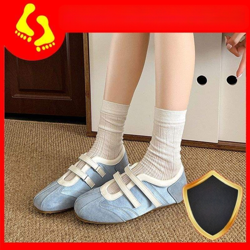 Sieviešu baleta stila sporta apavi ar nubuku augšdaļu, svītrainā raksts, Velcro aizdare, plakana gumijas zole