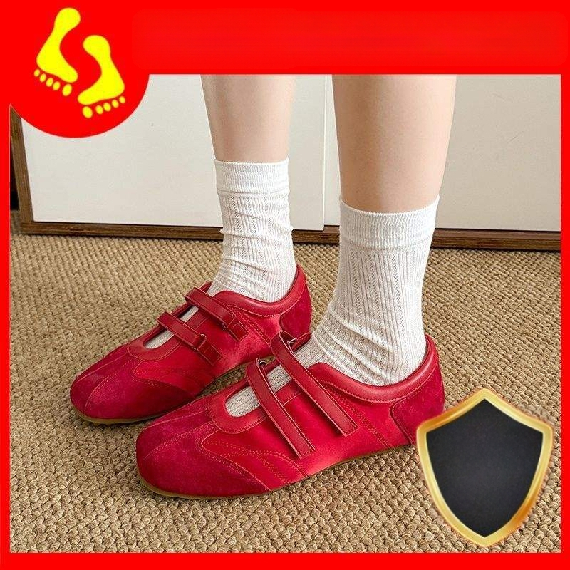 Sieviešu baleta stila sporta apavi ar nubuku augšdaļu, svītrainā raksts, Velcro aizdare, plakana gumijas zole