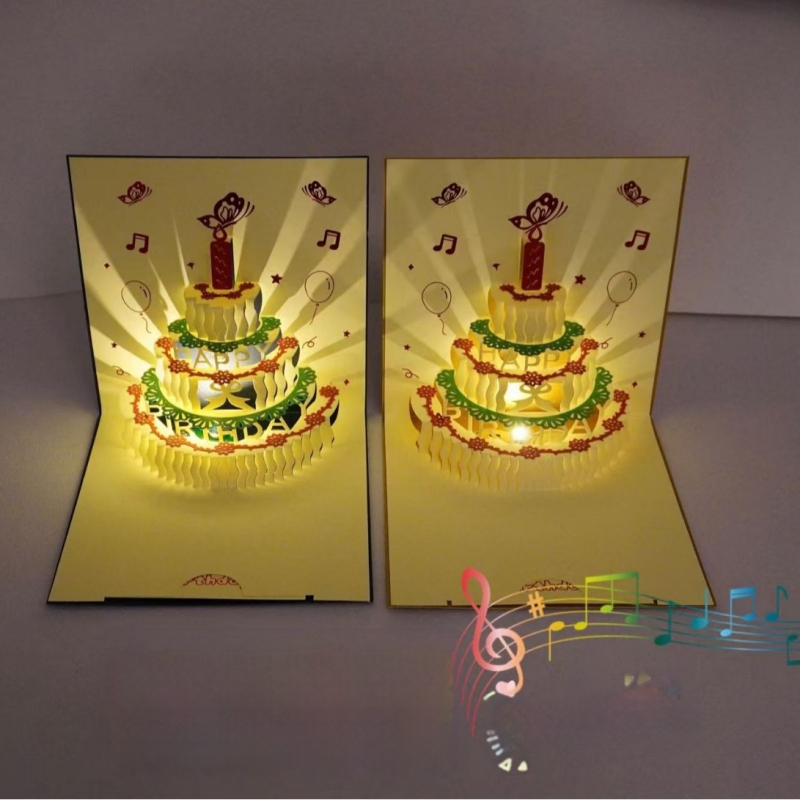Κάρτα γενεθλίων με 3D διάτρητο σχέδιο τούρτας, φωτισμό και ήχο, από ειδικό χαρτί, θερμοτυπία, κινεζικού κλασικού στυλ