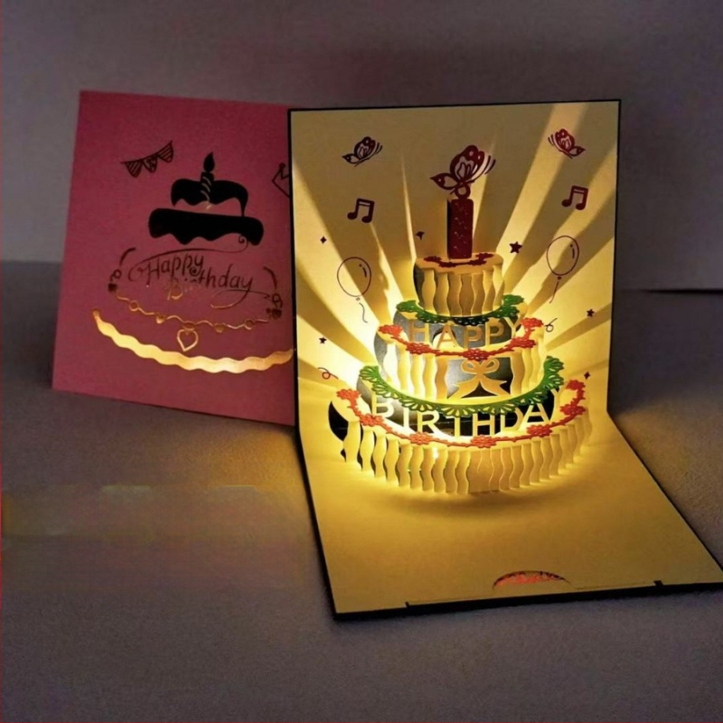 Κάρτα γενεθλίων με 3D διάτρητο σχέδιο τούρτας, φωτισμό και ήχο, από ειδικό χαρτί, θερμοτυπία, κινεζικού κλασικού στυλ