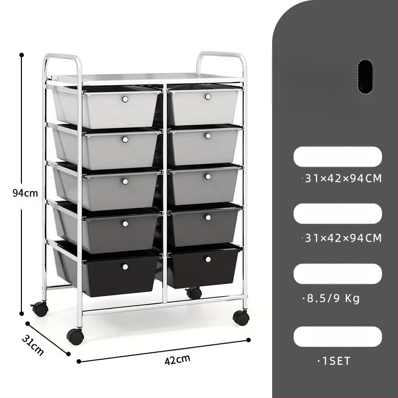 5-rétű műanyag tárolókocsi, két soros 10 fiókos rendszerrel, mozgatható, padlón álló