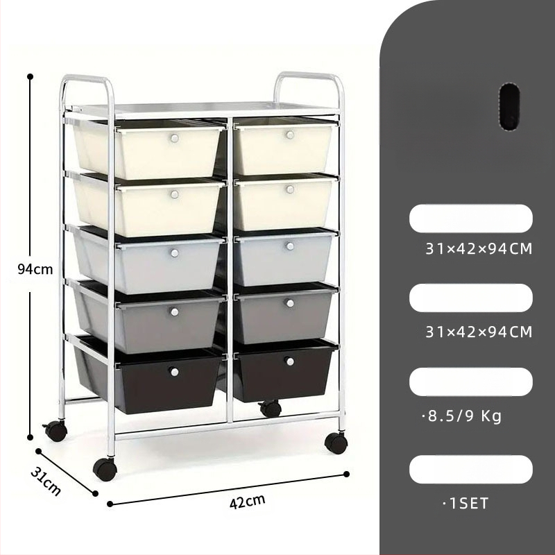 5-rétű műanyag tárolókocsi, két soros 10 fiókos rendszerrel, mozgatható, padlón álló