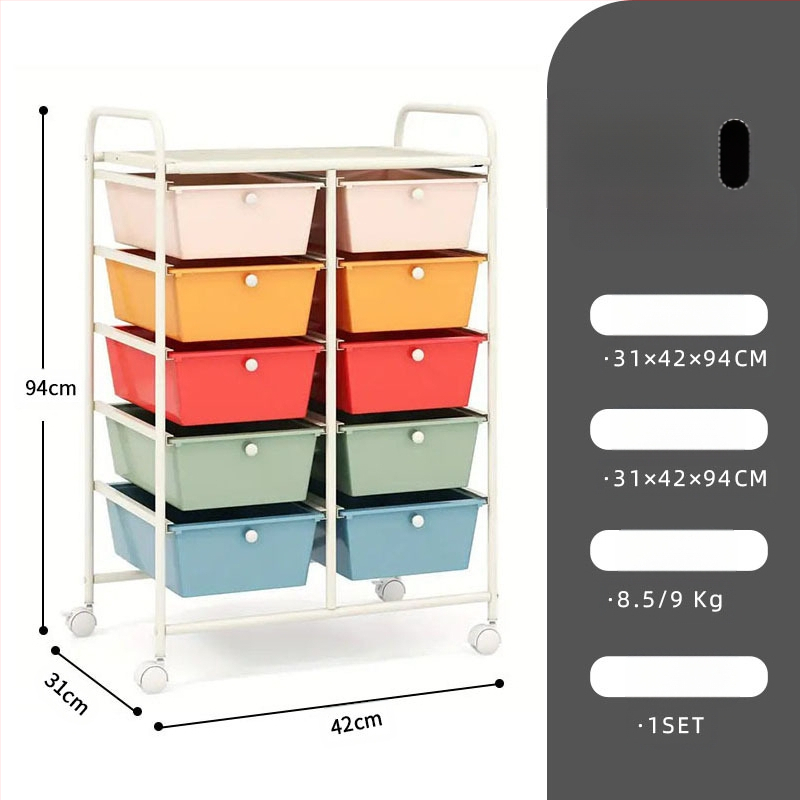 5-rétű műanyag tárolókocsi, két soros 10 fiókos rendszerrel, mozgatható, padlón álló