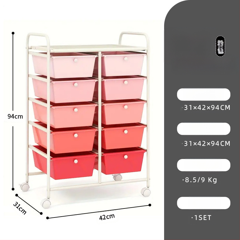 5-rétű műanyag tárolókocsi, két soros 10 fiókos rendszerrel, mozgatható, padlón álló