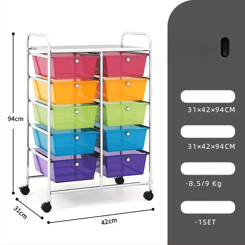 5-rétű műanyag tárolókocsi, két soros 10 fiókos rendszerrel, mozgatható, padlón álló