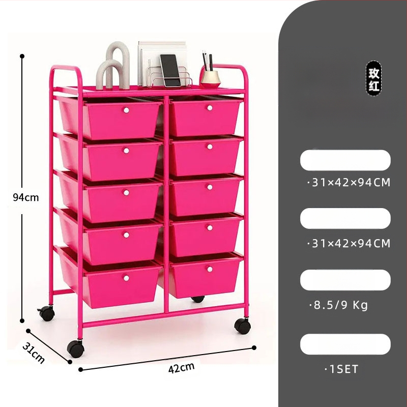 5-rétű műanyag tárolókocsi, két soros 10 fiókos rendszerrel, mozgatható, padlón álló