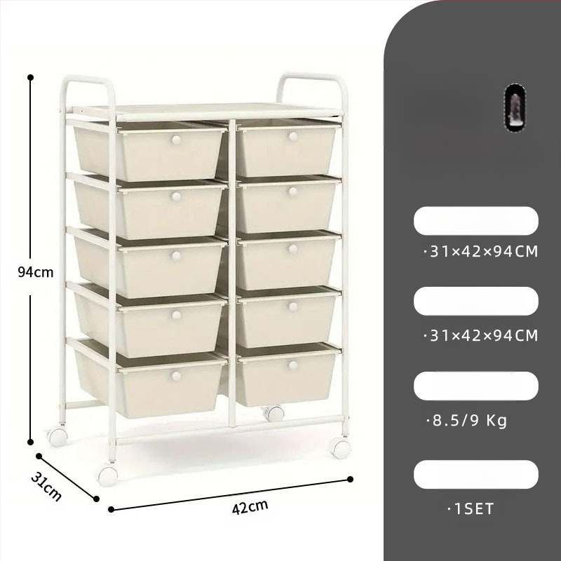 5-rétű műanyag tárolókocsi, két soros 10 fiókos rendszerrel, mozgatható, padlón álló