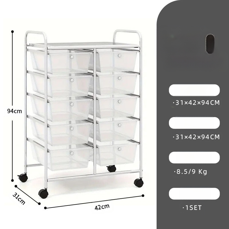 5-rétű műanyag tárolókocsi, két soros 10 fiókos rendszerrel, mozgatható, padlón álló