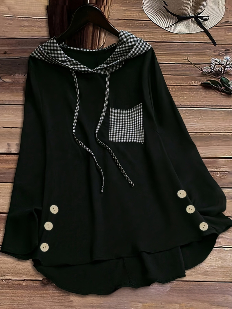 Sievietēm kapucīšu brīvā piegriezuma džemperis ar garām piedurknēm, kabata ar pogu, poliesters, japāņu-korejiešu ikdienas stils, pavasaris 2025