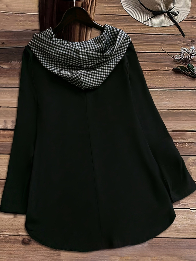 Sievietēm kapucīšu brīvā piegriezuma džemperis ar garām piedurknēm, kabata ar pogu, poliesters, japāņu-korejiešu ikdienas stils, pavasaris 2025