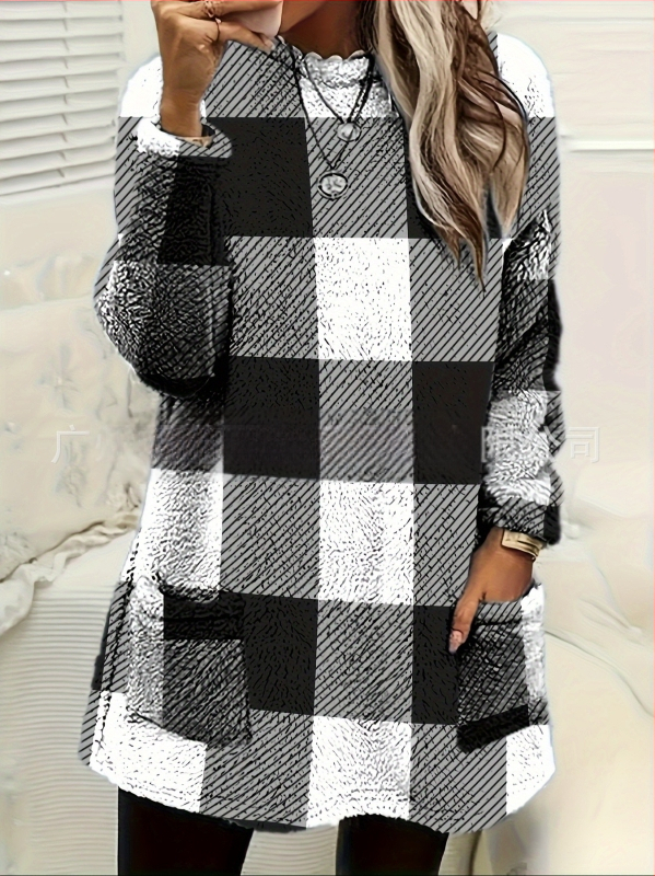 Ilgs sieviešu džemperis no poliestera ar plaid rakstu, apaļš kakls, kabata, brīvs piegriezums