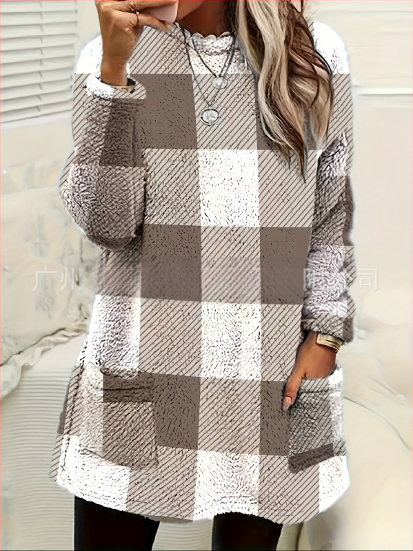 Ilgs sieviešu džemperis no poliestera ar plaid rakstu, apaļš kakls, kabata, brīvs piegriezums