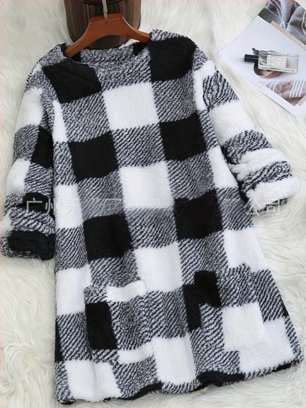 Ilgs sieviešu džemperis no poliestera ar plaid rakstu, apaļš kakls, kabata, brīvs piegriezums