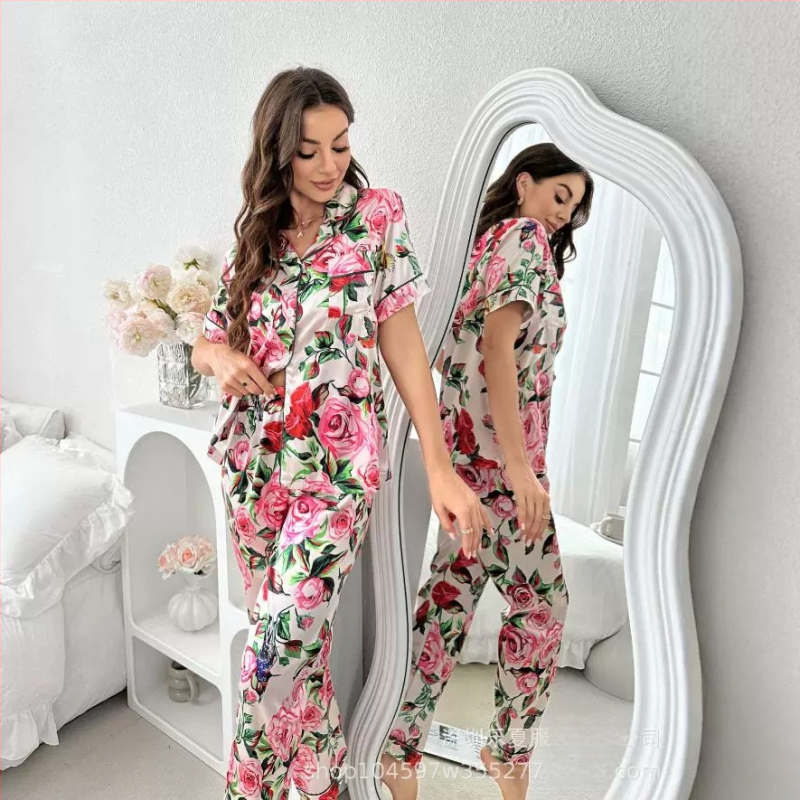 Dailės moters spausdintų pižamų komplektas iš dirbtinio šilko, lengvas ir kvėpuojantis, kardigan stiliaus apykaklė, 3/4 rankovės, kelnės
