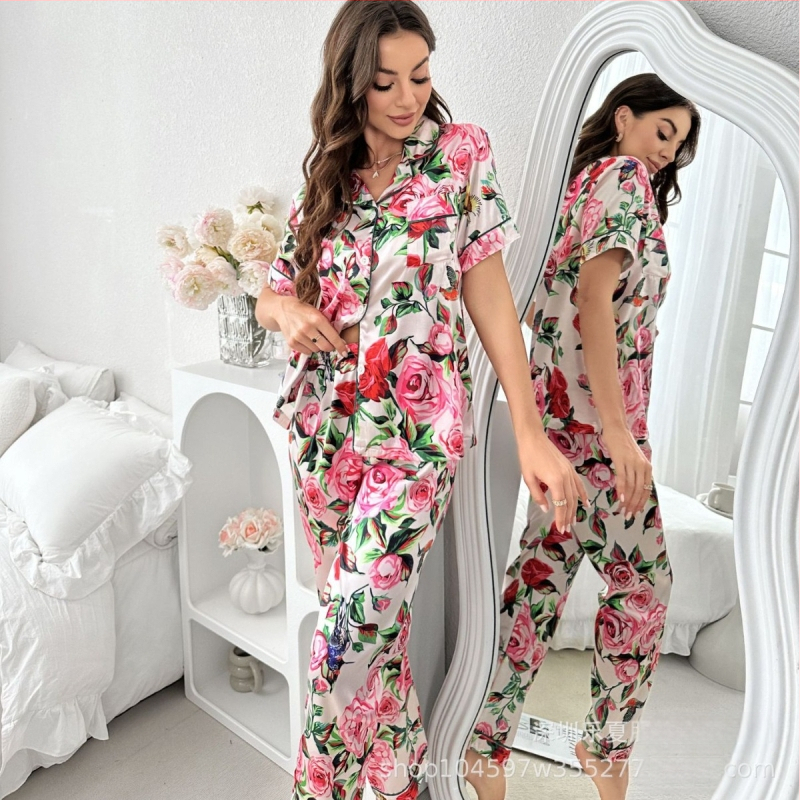Dailės moters spausdintų pižamų komplektas iš dirbtinio šilko, lengvas ir kvėpuojantis, kardigan stiliaus apykaklė, 3/4 rankovės, kelnės