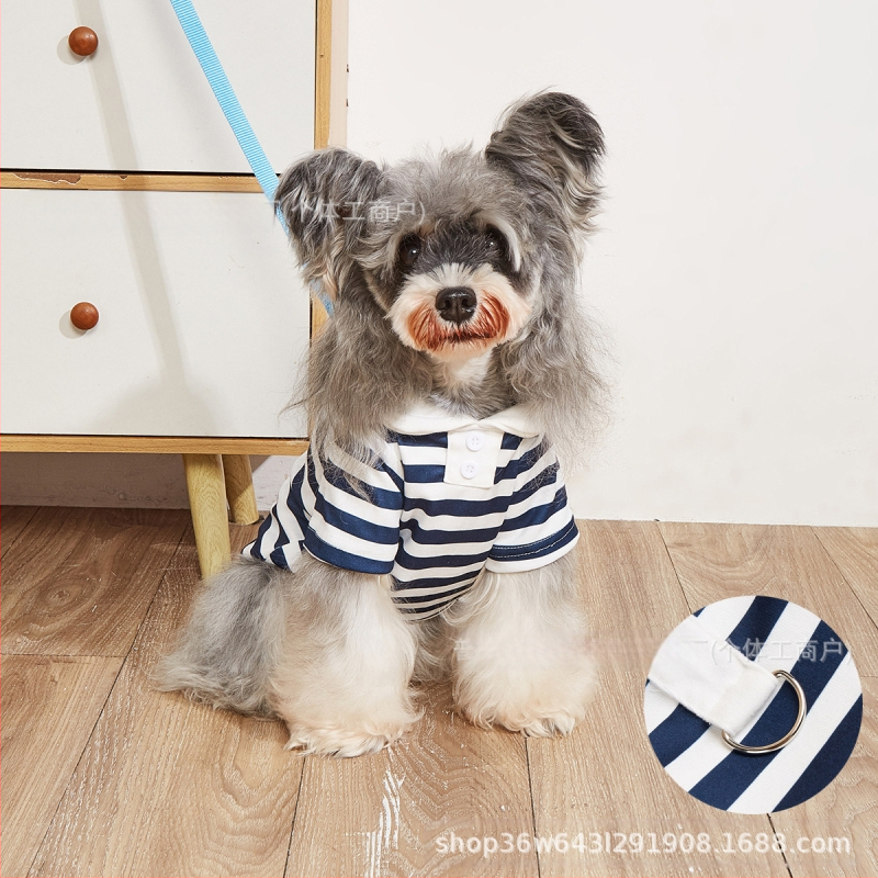 Svītot polo krekls mājdzīvniekiem ar pavadas pogu, poliestera ikdienas apģērbs suņiem un kaķiem