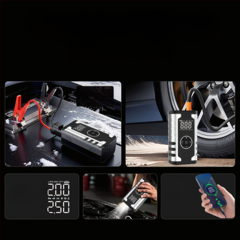 Automobiālais ārkārtas uzlādes avots ar gaisa sūkni – viss vienā, pārnēsājams, ieeja 12V, izeja 5V, starptautiska sertifikācija