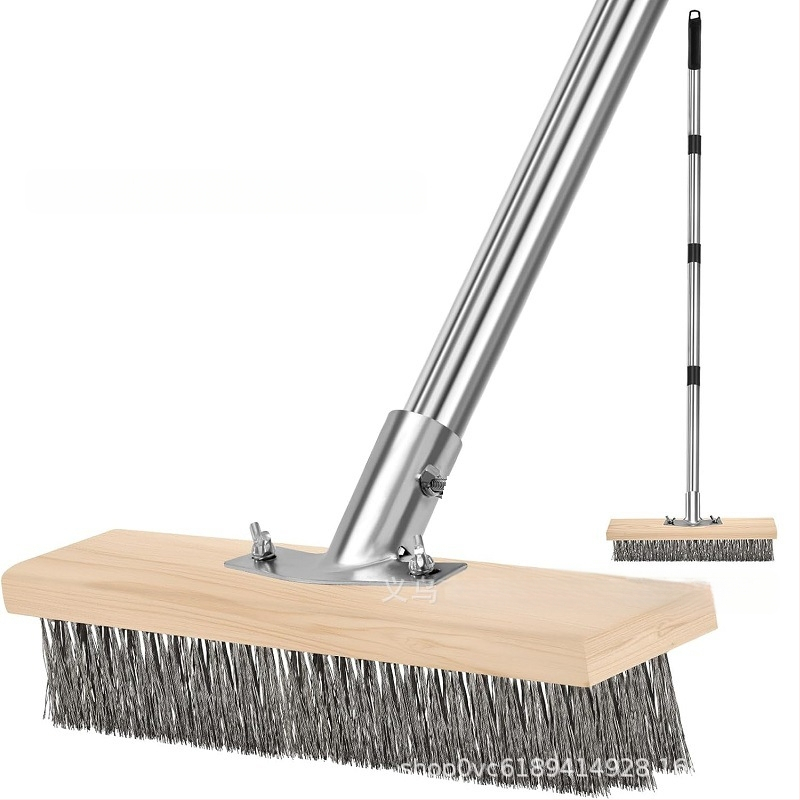 Nerūsējošā tērauda stiepļu suka ar pagarināmu rokturi terases, betona un pagalmu grīdu tīrīšanai