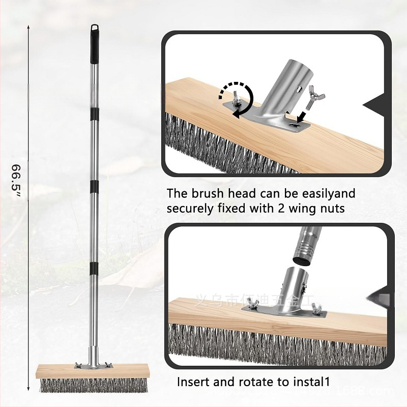 Nerūsējošā tērauda stiepļu suka ar pagarināmu rokturi terases, betona un pagalmu grīdu tīrīšanai