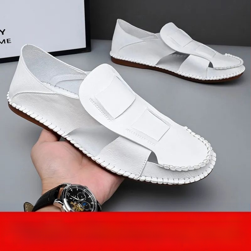 Vīriešu ikdienas plakanās sandales ar īstas ādas augšējo daļu un gumijas zoli, vasara 2023