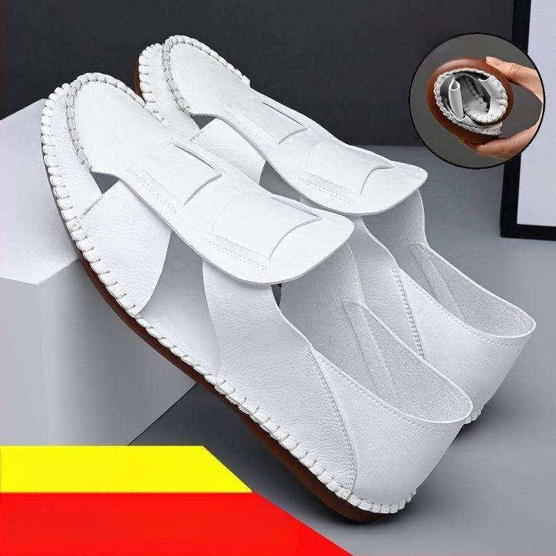 Vīriešu ikdienas plakanās sandales ar īstas ādas augšējo daļu un gumijas zoli, vasara 2023